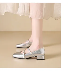 Stylish silver Mary Jane ballet flats with square toe and chunky low heels for women