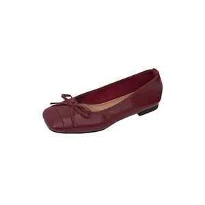 Elegant burgundy French style ballet flats with bow detail and square toe for women
