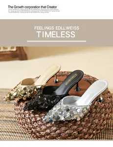 Elegant sequined pointed-toe kitten heel mules in gold, black, and silver finishes