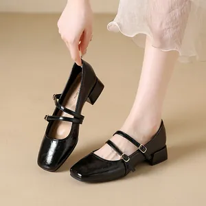 Elegant black square-toe Mary Jane shoes with block heels for a ballet aesthetic look.