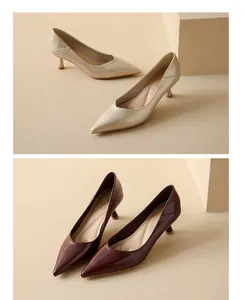 Macro view of elegant pointed-toe stiletto pumps in champagne and burgundy leather.