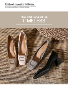 Detailed view of four colors of elegant square-toe chunky heel pumps on a woven mat