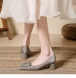 Elegant grey satin square toe pumps featuring a stylish buckle and stable block heels