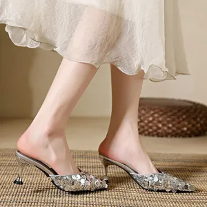 Women's Sequin Pointed Toe Kitten Heel Mules Elegant Sparkly Slip-on Dress Shoes Fashion Mules Slippers For Party Daily Wear