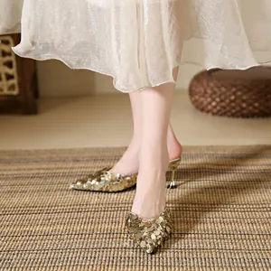 Elegant gold sequined pointed toe kitten heel mules for women fashion wear