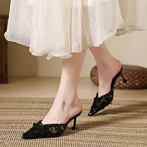 Elegant black sequined pointed-toe kitten heel mules for women