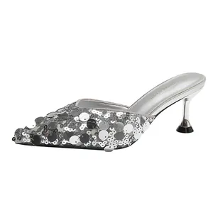 Elegant silver sequin pointed toe kitten heel mules for women with shimmering finish