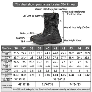 Detailed size chart for men's camouflage snow boots including measurements and materials