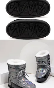 Silver holographic snow boots with white faux fur lining and thick non-slip soles
