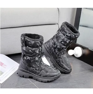 Detailed macro shot of children's camouflage snow boots featuring thick faux fur lining.