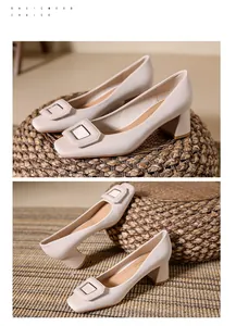Elegant off-white square-toe block heel pumps with decorative buckle in detail view.