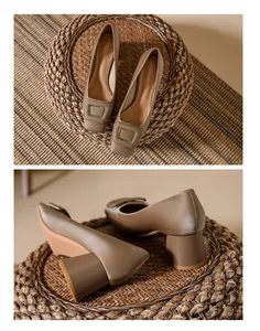 Detail view of elegant satin square toe pumps with block heel on woven decor