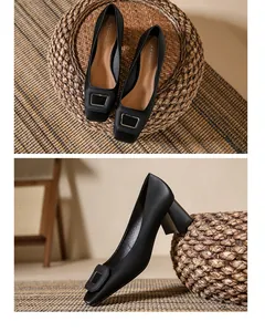 Close-up detail of elegant black satin chunky heel pumps with square toe and buckle.