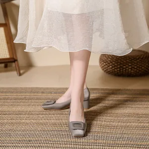 Elegant silver grey satin block heel pumps with square toe and chic decorative buckle