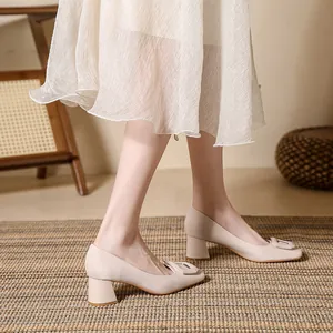 Elegant beige block heel pumps featuring a square toe and classic buckle detail.