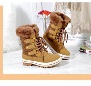 Bottes de neige marron pour femmes avec doublure en fausse fourrure et boucles