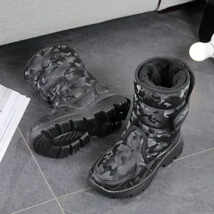 Detail view of kids' camouflage snow boots showing non-slip sole and warm fur lining