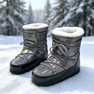 Women Fashion Holographic Moon Boots Metallic Laser Winter Snow Boots Thickened Non-slip Mid-Calf Space Boots Ski Shoes