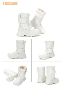 Detailed multi-angle views of white camouflage kids' waterproof snow boots with plush lining