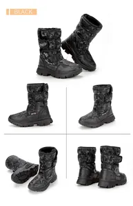 Children's black camouflage snow boots featuring waterproof soles and Velcro closures