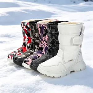 Kids Adults Winter Snow Boots Waterproof Warm Faux Fur Lined Non-slip Thick Sole Camouflage Ski Boots Travel Outdoor Shoes