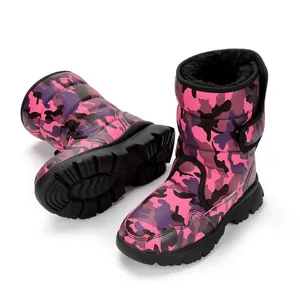 Waterproof pink camouflage kids snow boots with thickened non-slip rubber soles