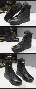 Professionelle Mehrwinkelansicht schwarzer, hoher Outdoor-Taktikstiefel zum Wandern