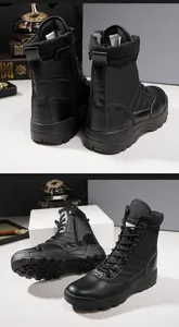 Detailansicht der Hinter- und Seitenansicht schwarzer robuster taktischer Stiefel
