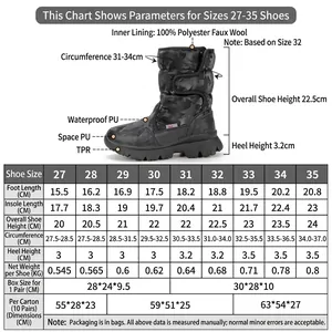 Infographic of children's waterproof camouflage snow boots with detailed size chart.