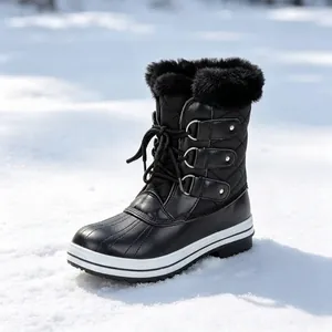 Bottes de Neige Style Occidental pour Femmes Cuir Synthétique Doublure Fausse Fourrure Lacets Mi-Mollet Hiver Chaud