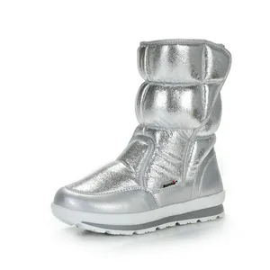 Glimmende zilveren metallic sneeuwlaarzen voor kinderen met warm puffer design