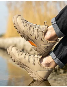 Breathable khaki safety shoes with mesh design and slip-resistant rugged sole for work