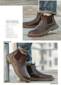 Detailansicht der braunen Chelsea-Sicherheitsstiefel für Herren mit elastischen Einsätzen.