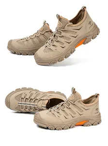 Men's breathable mesh safety shoes with steel toe protection and anti-slip sole in khaki.