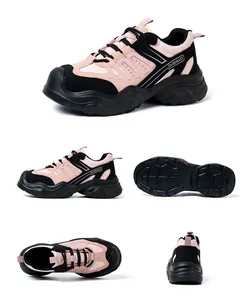 Multi-angle view of lightweight pink and black women's steel toe safety work shoes.