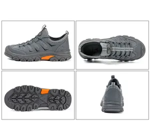 Multi-angle product view of gray breathable steel toe safety work shoes for men