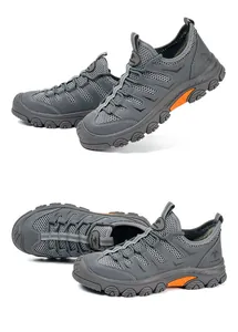 Multi-angle view of breathable grey steel toe safety work shoes for men.