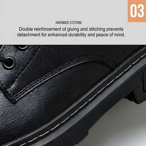 Detail van handgemaakte dubbele stiksels op duurzame waterdichte antislip werkschoenen