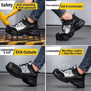 Women's black anti-smash puncture-proof safety shoes with breathable mesh and steel toe