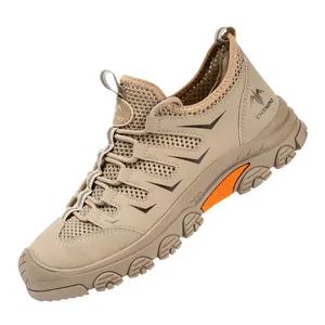 Breathable khaki safety work shoes featuring anti-puncture steel toe and rugged soles