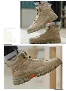 Detailed view of khaki safety work boots with warm fur lining and anti-slip rubber sole