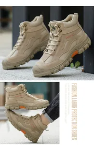 Detailed view of breathable khaki safety work boots featuring durable anti-slip rubber soles