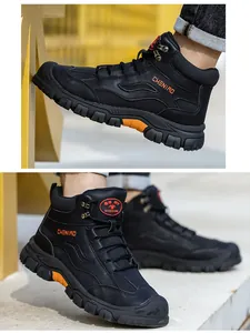 Detailed view of lightweight black safety work boots with anti-smashing plastic toe caps.
