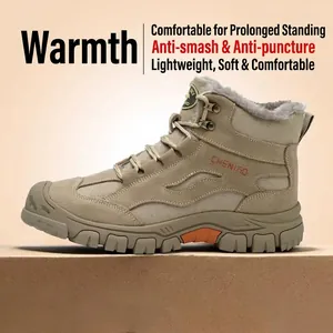 Men's Safety Work Shoes Anti-Smashing Anti-Puncture 6KV Insulation Suede Leather Canvas Lightweight Breathable Winter Warm Fur Lined Boots