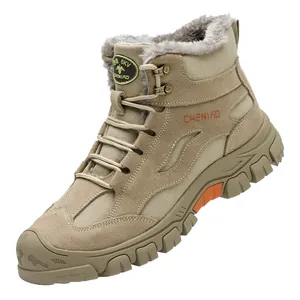 Insulated khaki safety work boots for men with warm fur lining and thick lug sole