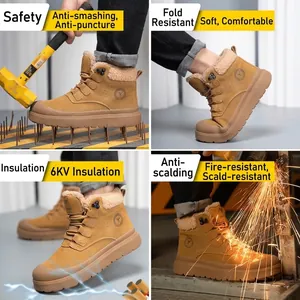 Winter padded safety work boots for men with anti-smash, insulation, and heat resistance.