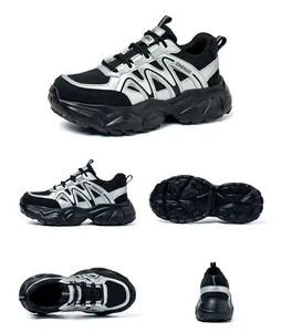 Vistas multiangulares de zapatos de seguridad transpirables plateados y negros para mujer