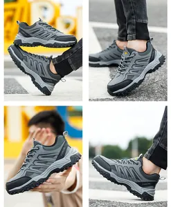 Vista detallada de zapatos de seguridad grises transpirables para hombre con punta de acero