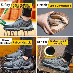 Grey safety shoes for men with anti-smash steel toe and puncture-resistant rubber sole