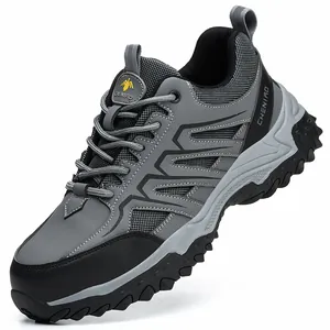 Breathable grey and black safety shoes for men with steel toe and puncture-resistant sole